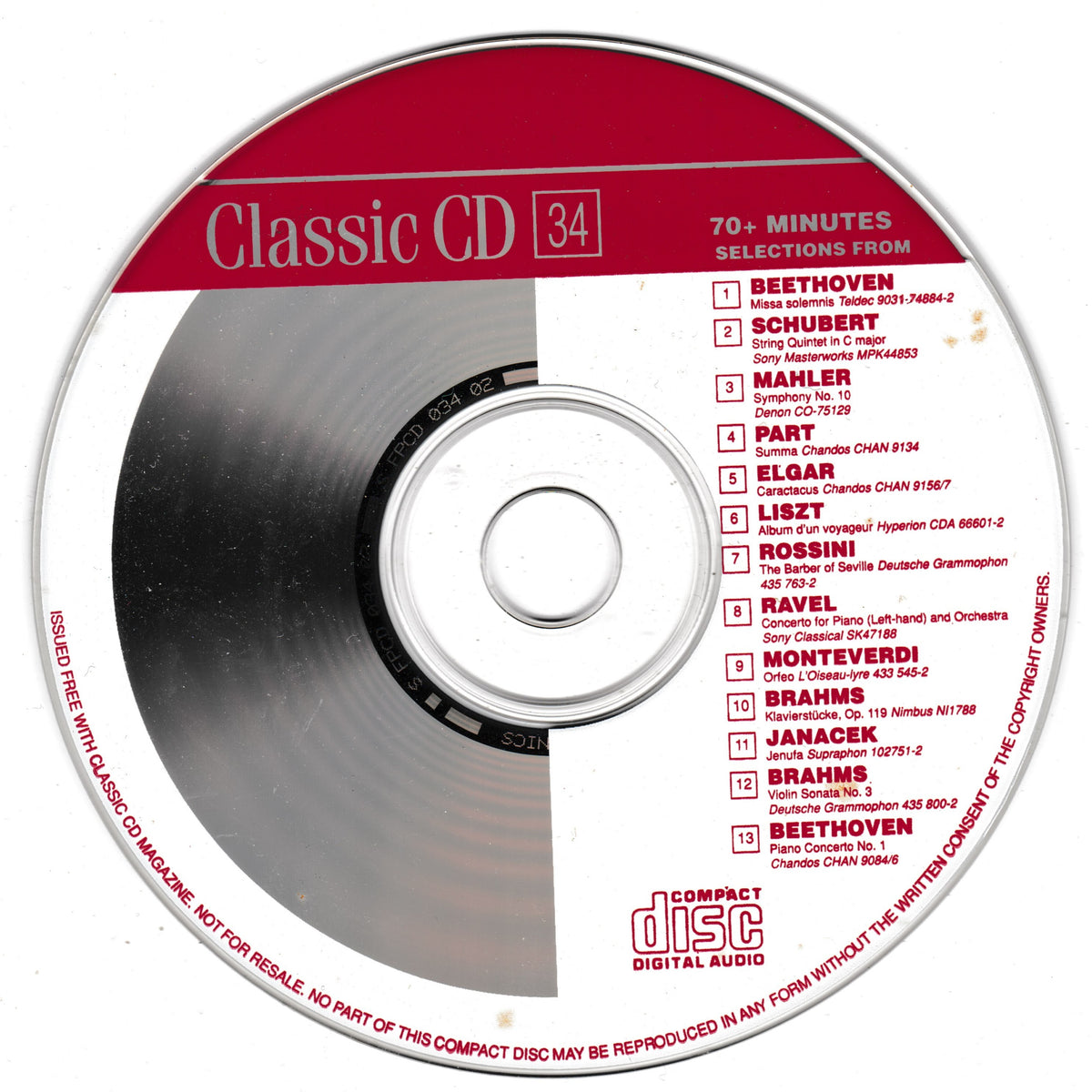A classic CD disc with a red and white label, featuring track listings for classical music including Beethoven, Schubert, Mahler, and Brahms. The disc is photographed on a white background.