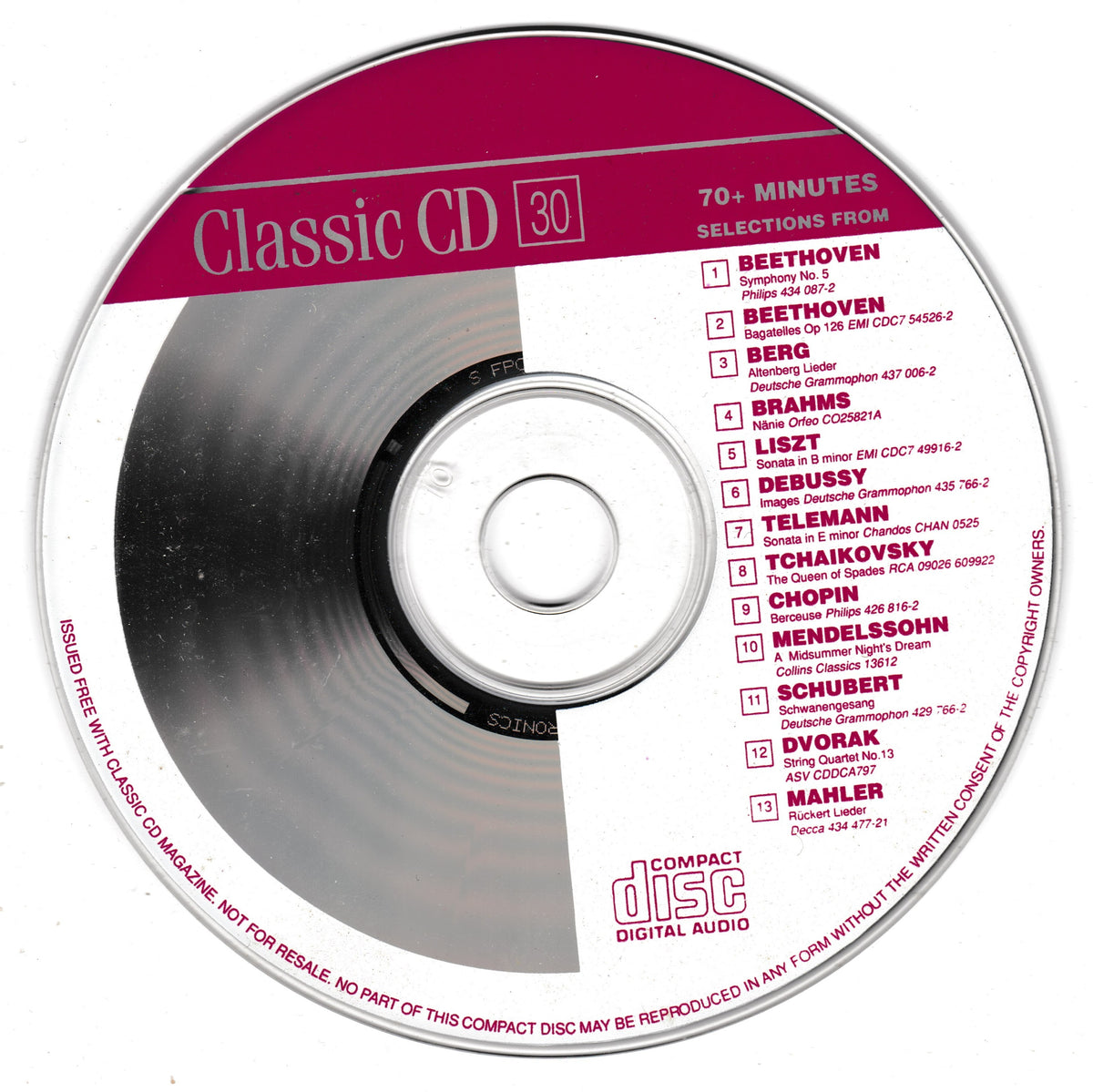 A silver Classic CD with a magenta label, featuring a tracklist of classical music selections including Beethoven, Berg, Brahms, Liszt, Debussy, Tchaikovsky, Chopin, Mendelssohn, Schubert, Dvorak, and Mahler.