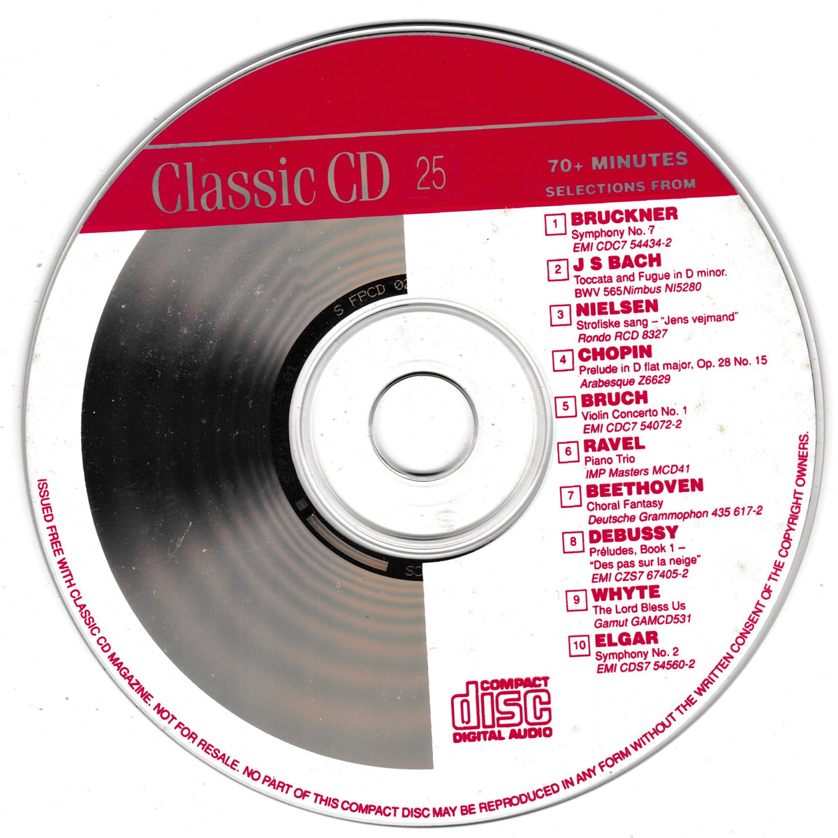 A compact disc music album titled 'Classic CD 25' with a red and white label design, featuring classical music selections including Bruckner, Bach, Nielsen, Chopin, Ravel, Beethoven, Debussy, and Elgar. The Discworld Digital Audio logo is visible at the bottom.
