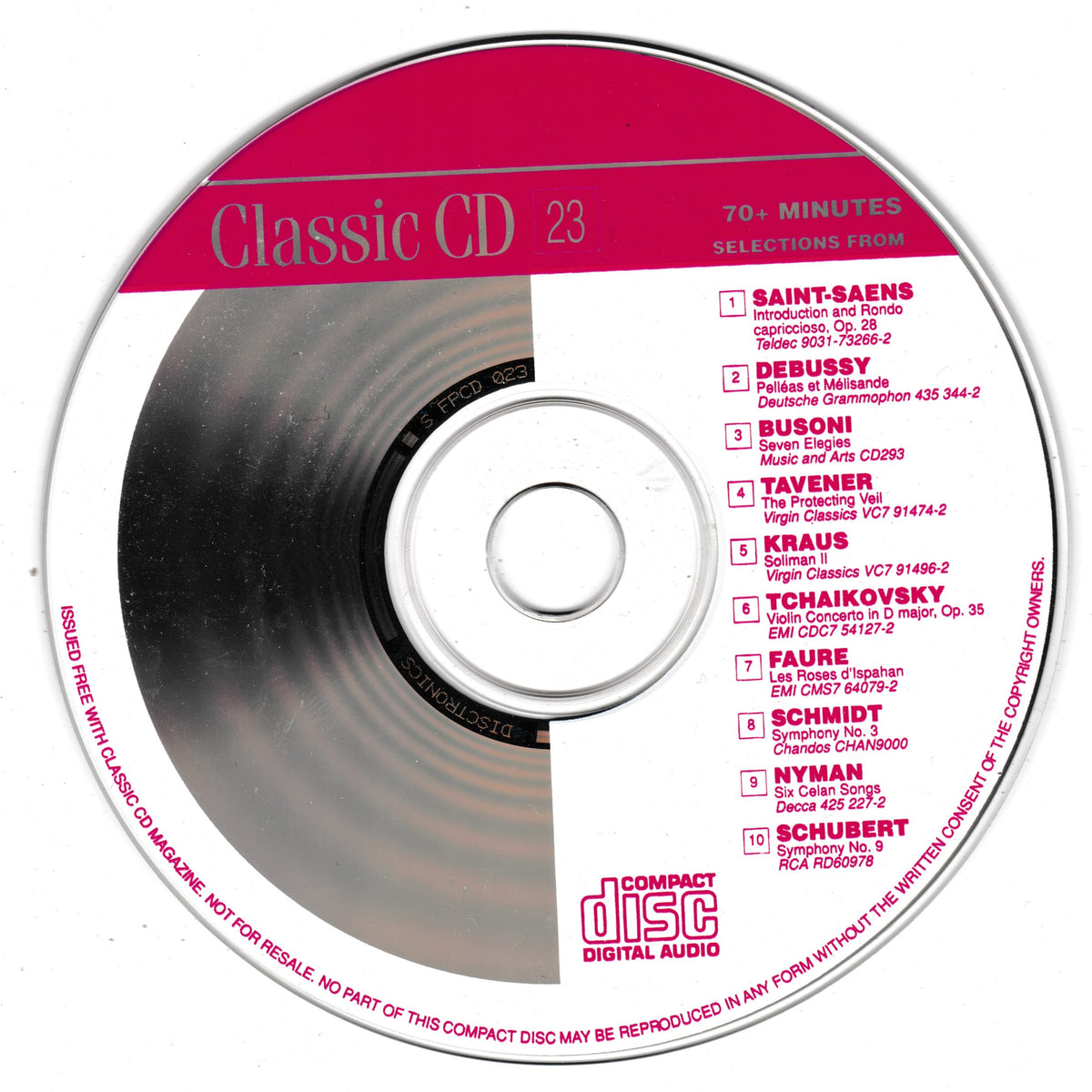 A silver Compact CD with a magenta-pink label, featuring track listings for a 70-minute selection of classic music from artists like Saint-Saens, Debussy, Tauson, and Kraus. The 'Compact disc digital audio' logo is visible at the bottom.