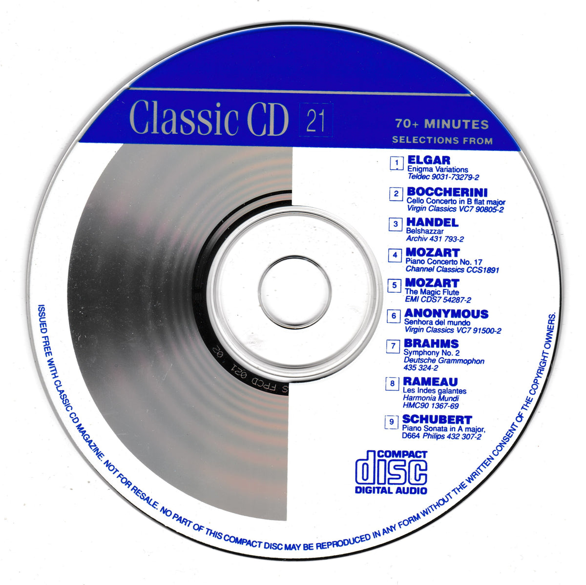 A classic CD jewel case disc with a blue and silver label reading 'Classic CD 21' and listing music selections from Elgar, Boccherini, Handel, Mozart, Bach, Brahms, Rameau, and Schubert.