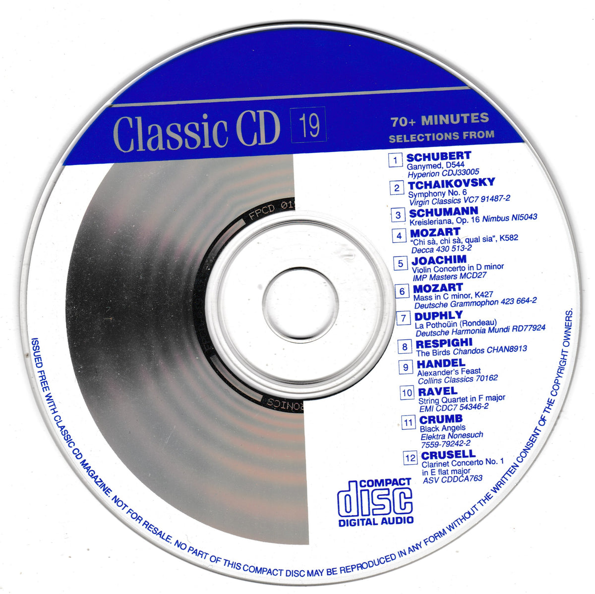 A silver and blue Classic CD 19 compact disc with a printed list of classical music selections, including Schubert, Tchaikovsky, Schumann, Mozart, Chopin, Ravel, and Crumb. The Compact Discs brand logo is visible at the bottom.