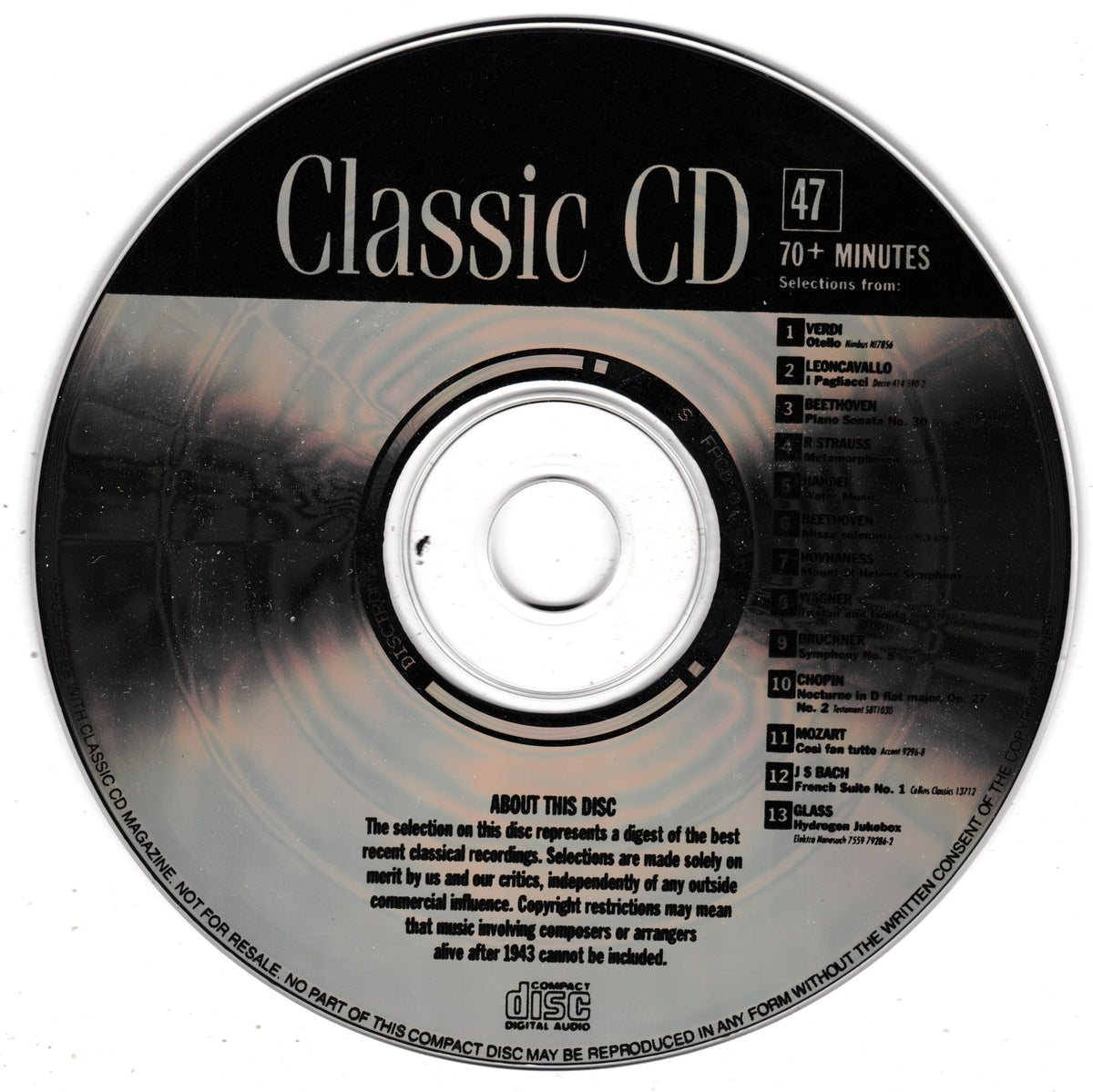 A classic CD disc with printed tracklist and text, photographed close-up against a white background.