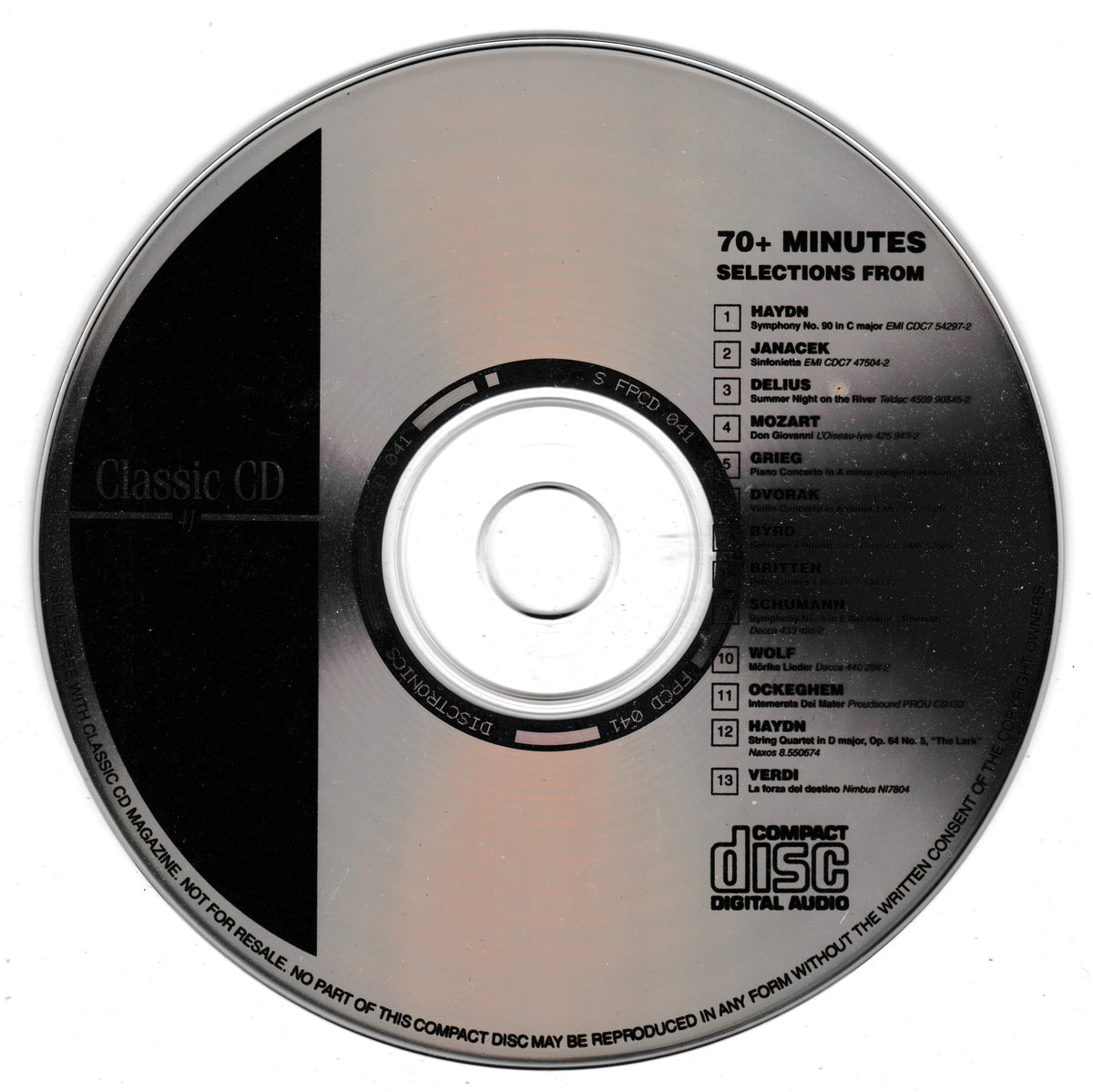 A silver and black Compact Disc (CD) featuring a tracklist for '70+ Minutes: selections from Haydn, Mozart, Beethoven, and Verdi' by Digital Audio Discs.