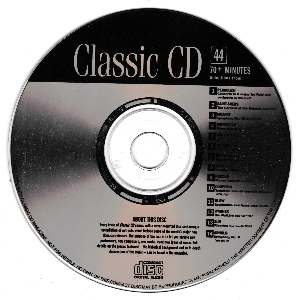A classic compact disc (CD) featuring a black and silver gradient design with the text 'Classic CD' and track listing details.