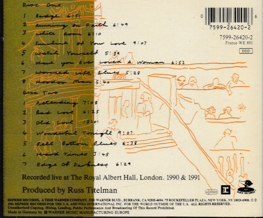 The back cover of a music CD, featuring a sepia-toned illustration of a street scene with people walking and carrying umbrellas, alongside a printed tracklist and barcode.