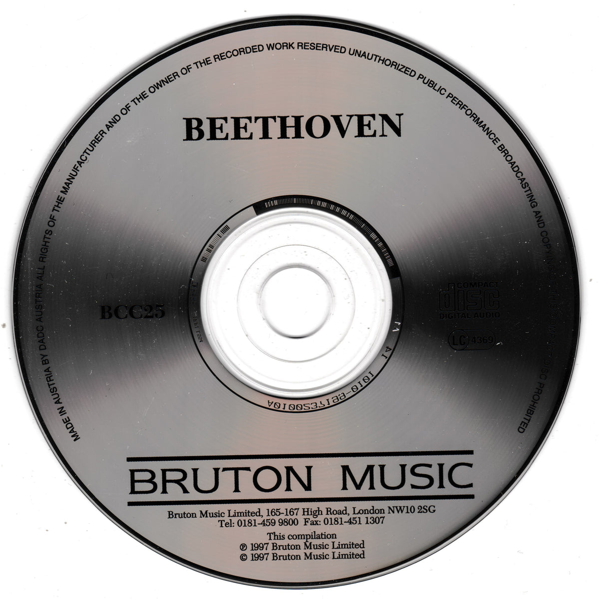 A close-up of a compact disc with the title 'BEETHOVEN' and the label 'BRUTON MUSIC' visible on a white background.