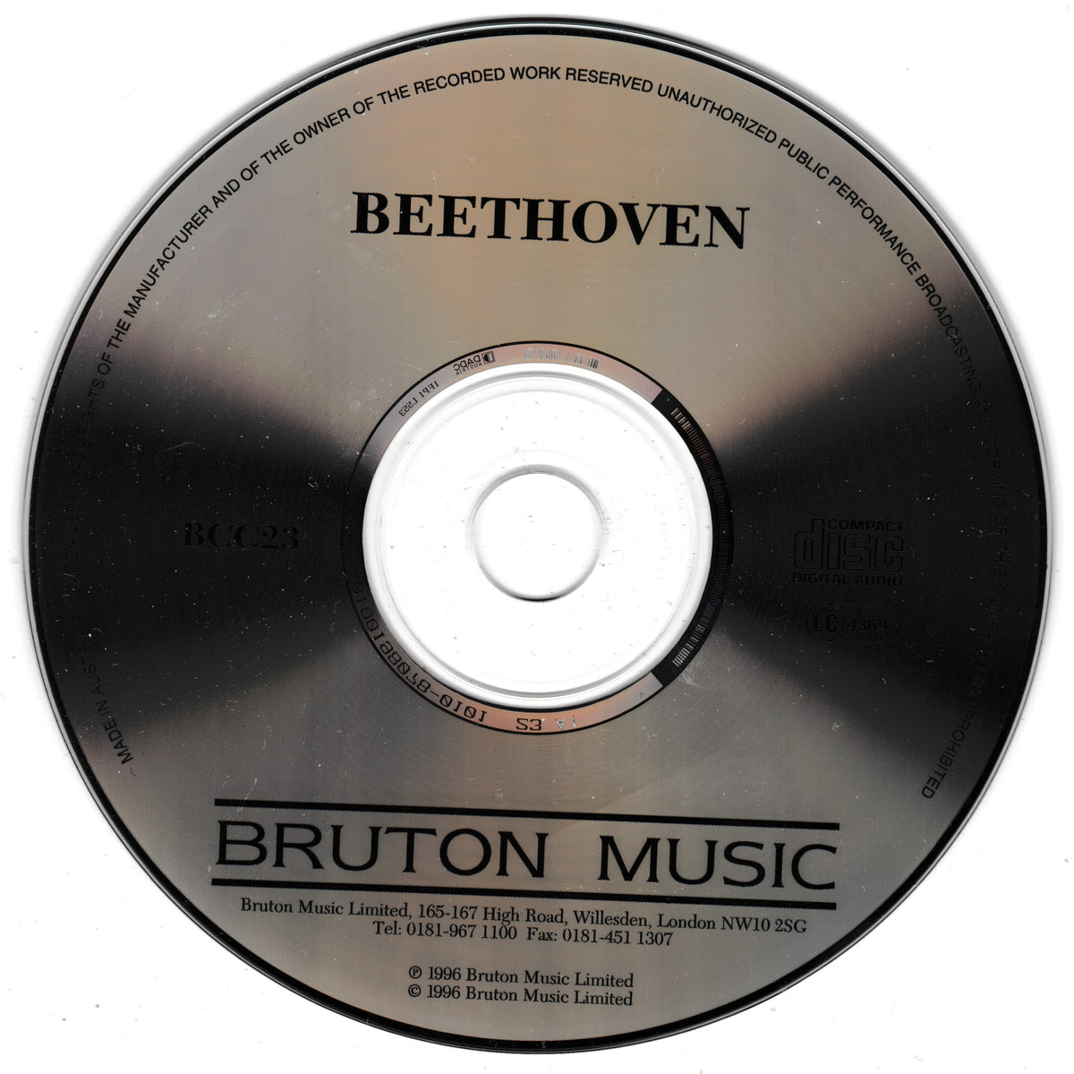 A close-up of a CD disc with the title 'BEETHOVEN' and the label 'BRUTON MUSIC' printed on a reflective black surface.
