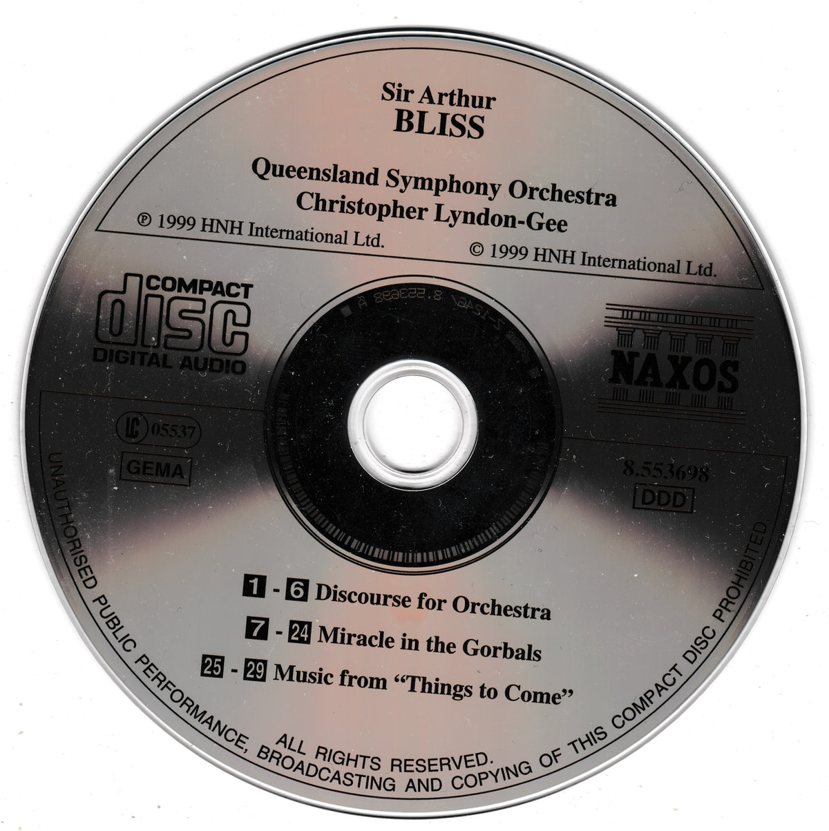 A single compact disc for Sir Arthur Bliss and Queensland Symphony Orchestra, released by Naxos. The disc features a reflective silver and black gradient surface with printed black text detailing the composer, orchestra, and tracklist.