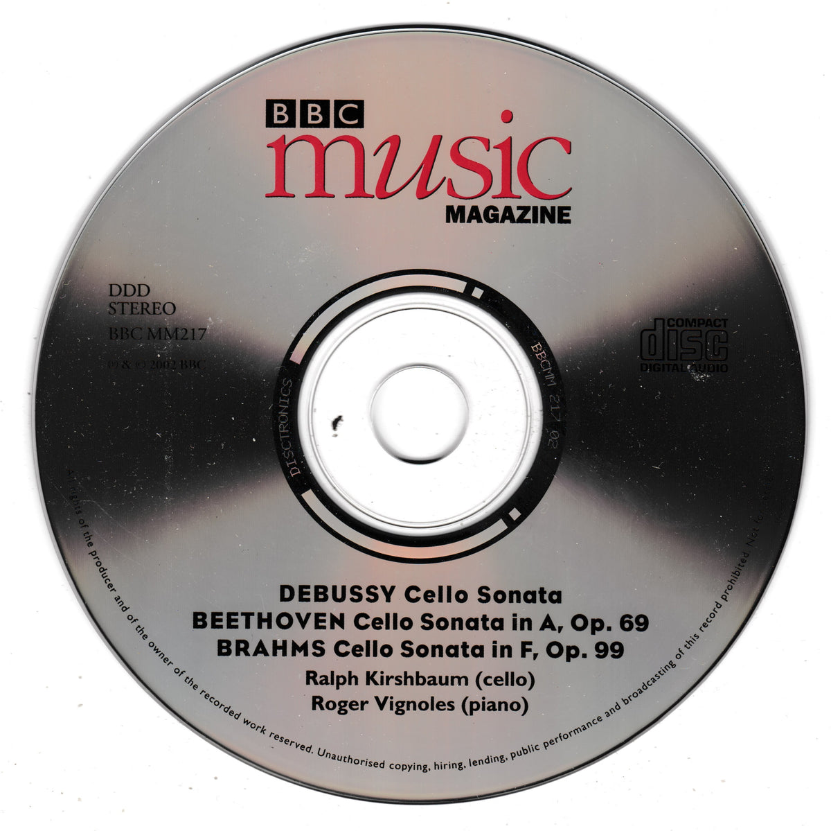 A BBC Music Magazine CD for 'Debussy Cello Sonata in B, Op. 62', featuring the BBC Music Magazine logo in red and black on a reflective silver surface.