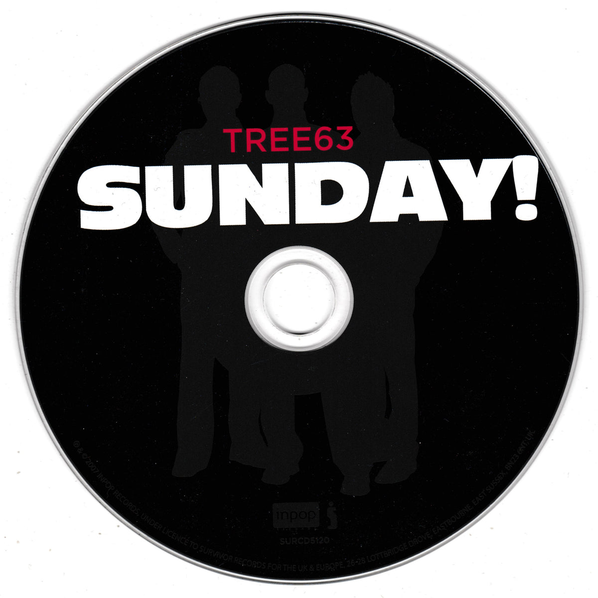 A black compact disc with the text 'TREE63 SUNDAY!' in white and red, featuring a black silhouette of three people on the disc, shown against a plain white background.