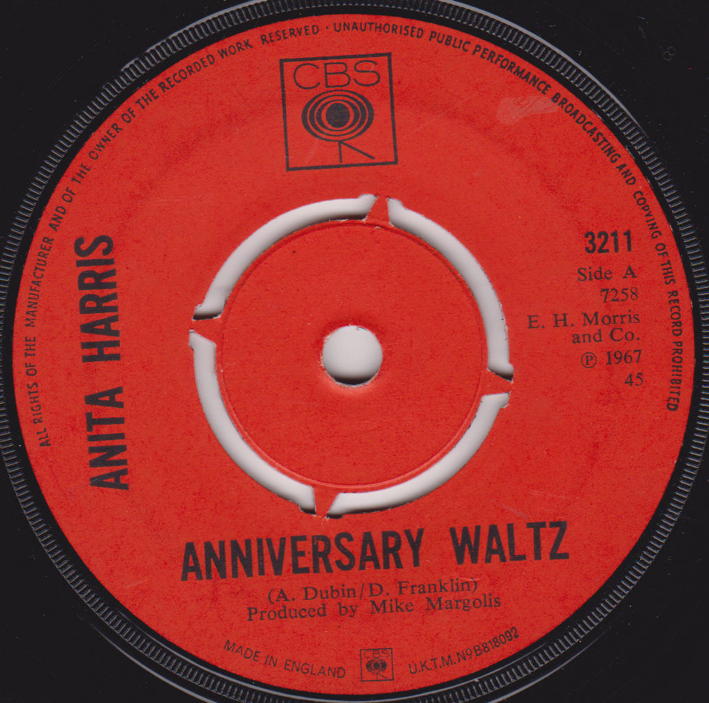 Record label for Anita Harris' 'Anniversary Waltz' with CBS Records branding.