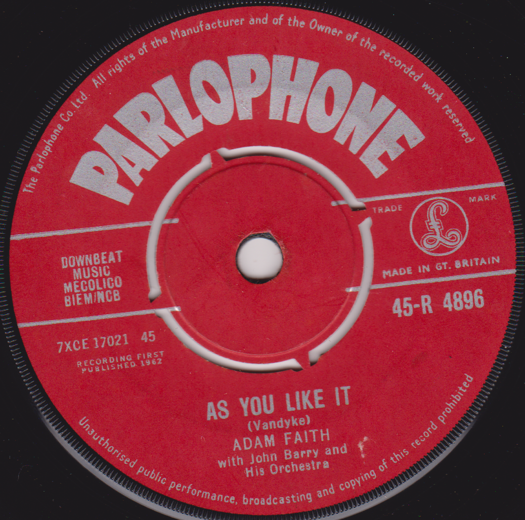 Adam Faith – As You Like It (Parlophone 1962) 7" vinyl single VG/-