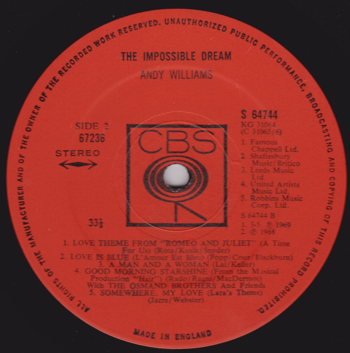 Andy Williams – The Impossible Dream (CBS 1971) 2x12" vinyl LP VG/VG