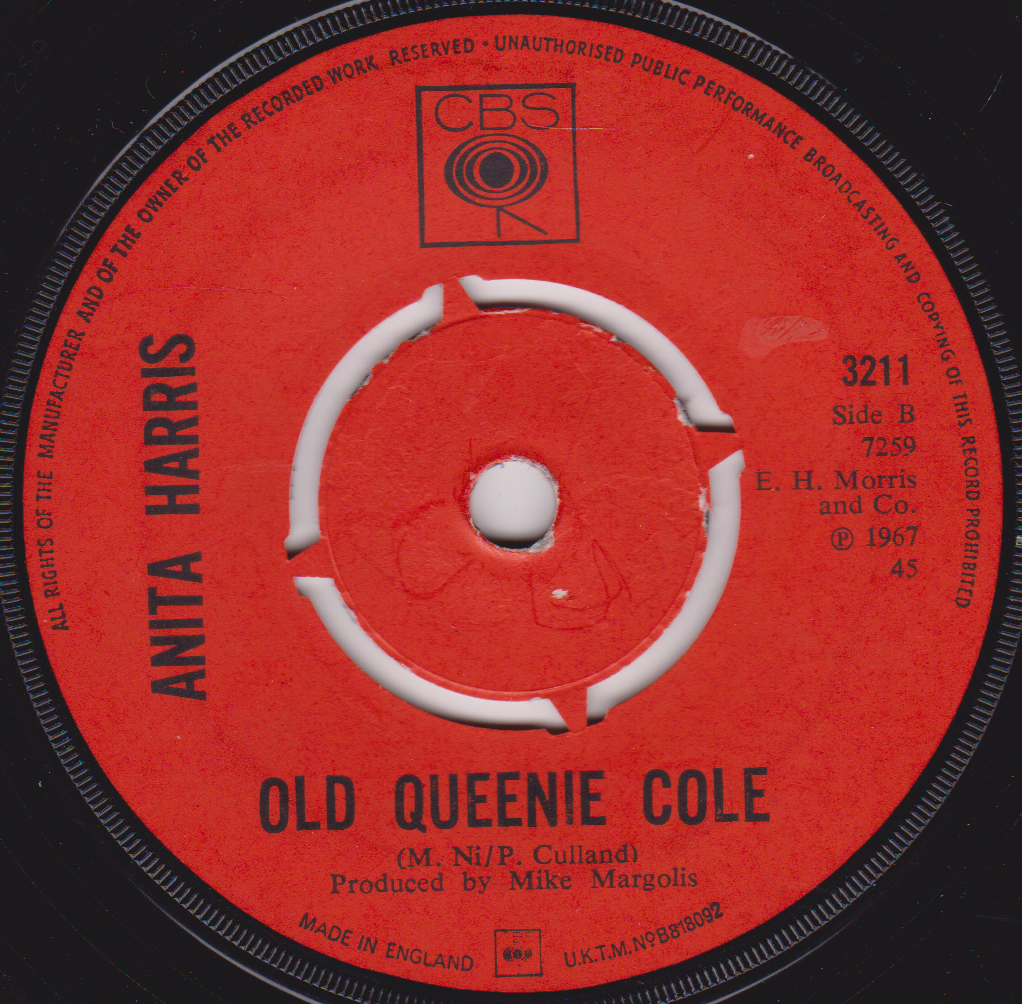 Record label for Anita Harris' 'Old Queenie Cole' with CBS logo