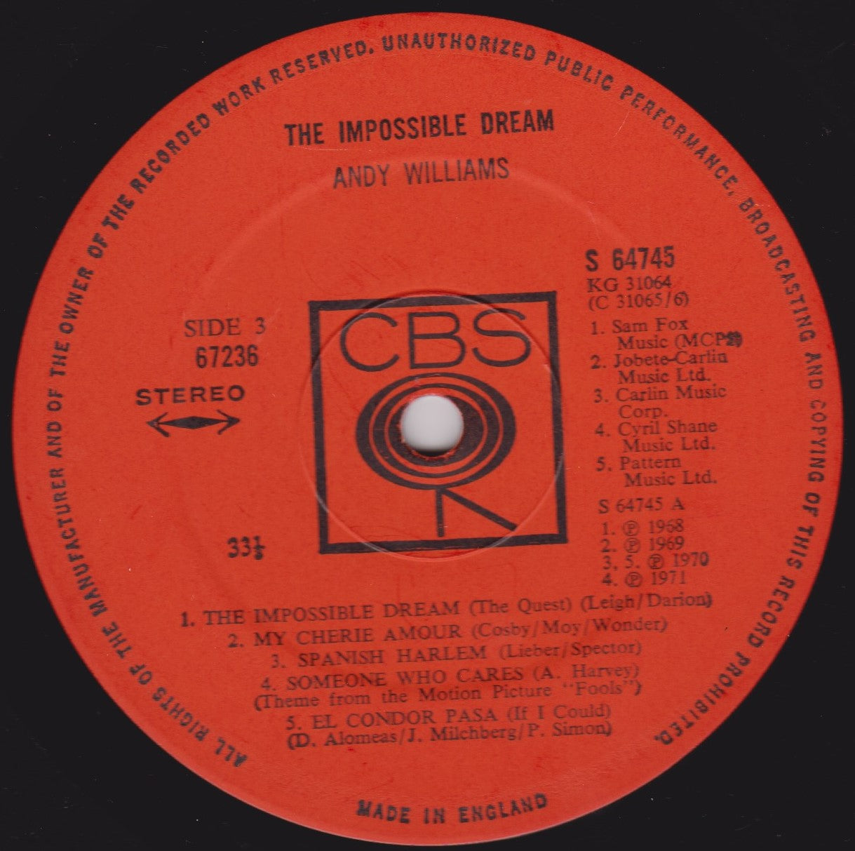 Andy Williams – The Impossible Dream (CBS 1971) 2x12" vinyl LP VG/VG