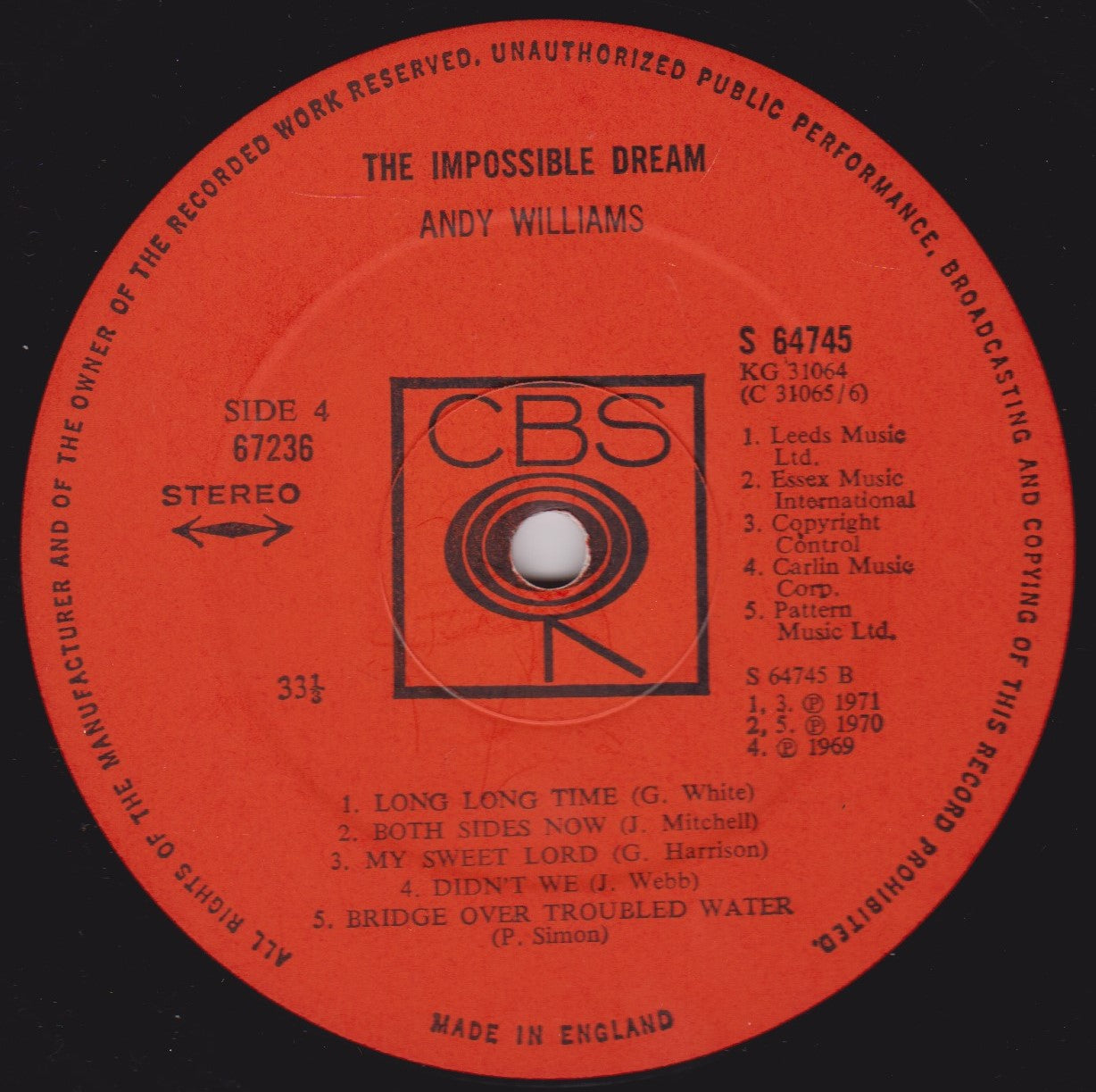 Andy Williams – The Impossible Dream (CBS 1971) 2x12" vinyl LP VG/VG