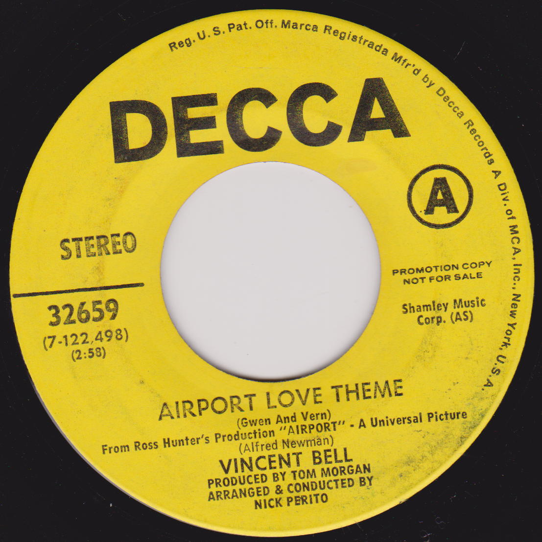 Vincent Bell – Airport Love Theme (Decca 1970) 7" vinyl US single VG/- promo jukebox centre