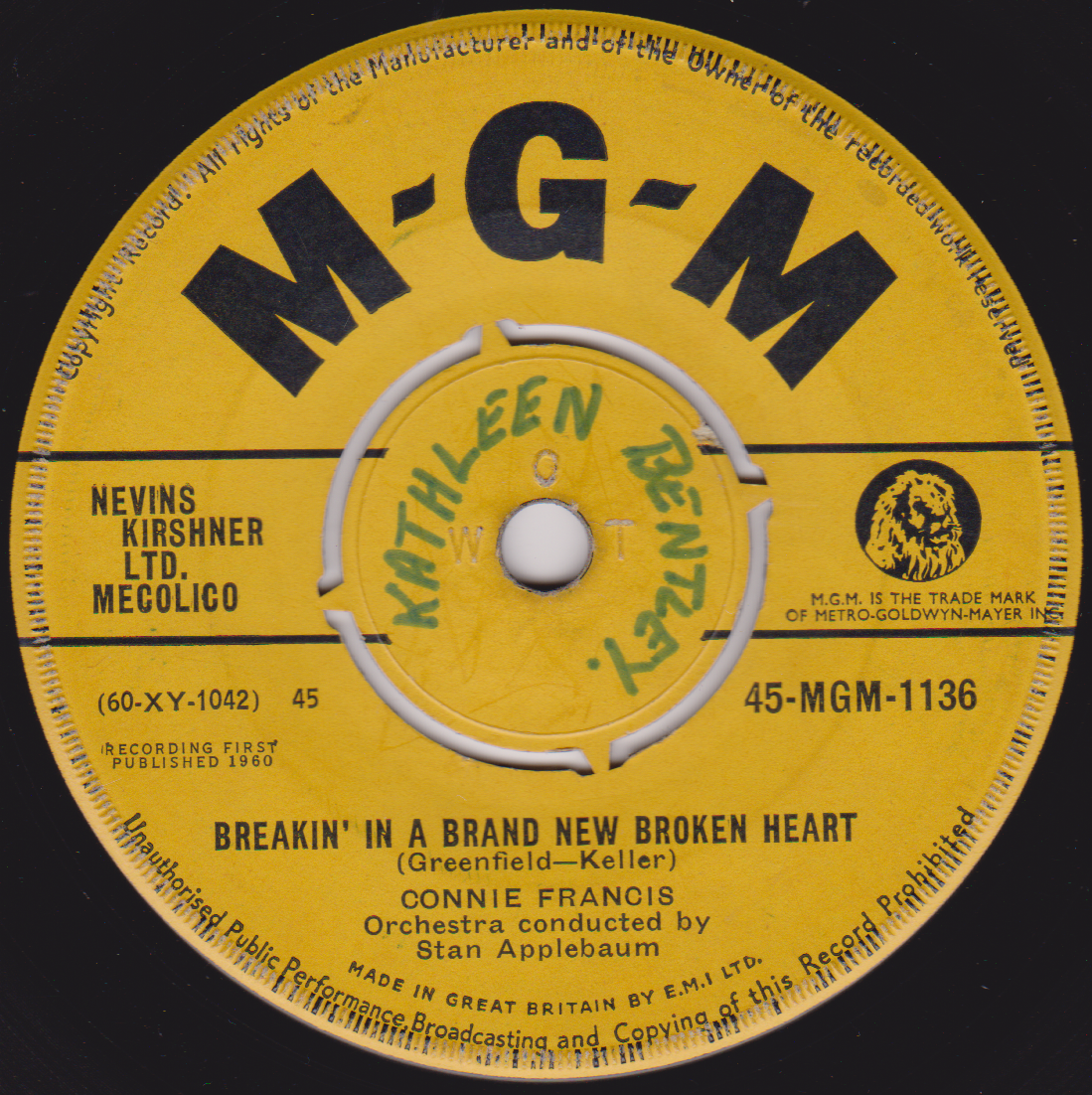 Connie Francis – Breakin' In A Brand New Broken Heart (MGM 1961) 7" vinyl single VG/-