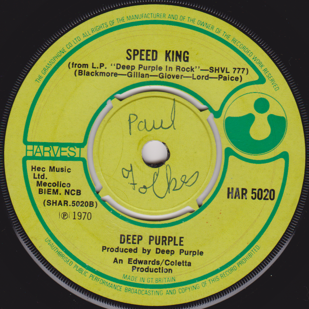 Deep Purple – Black Night (Harvest 1970) 7" vinyl single G+/-