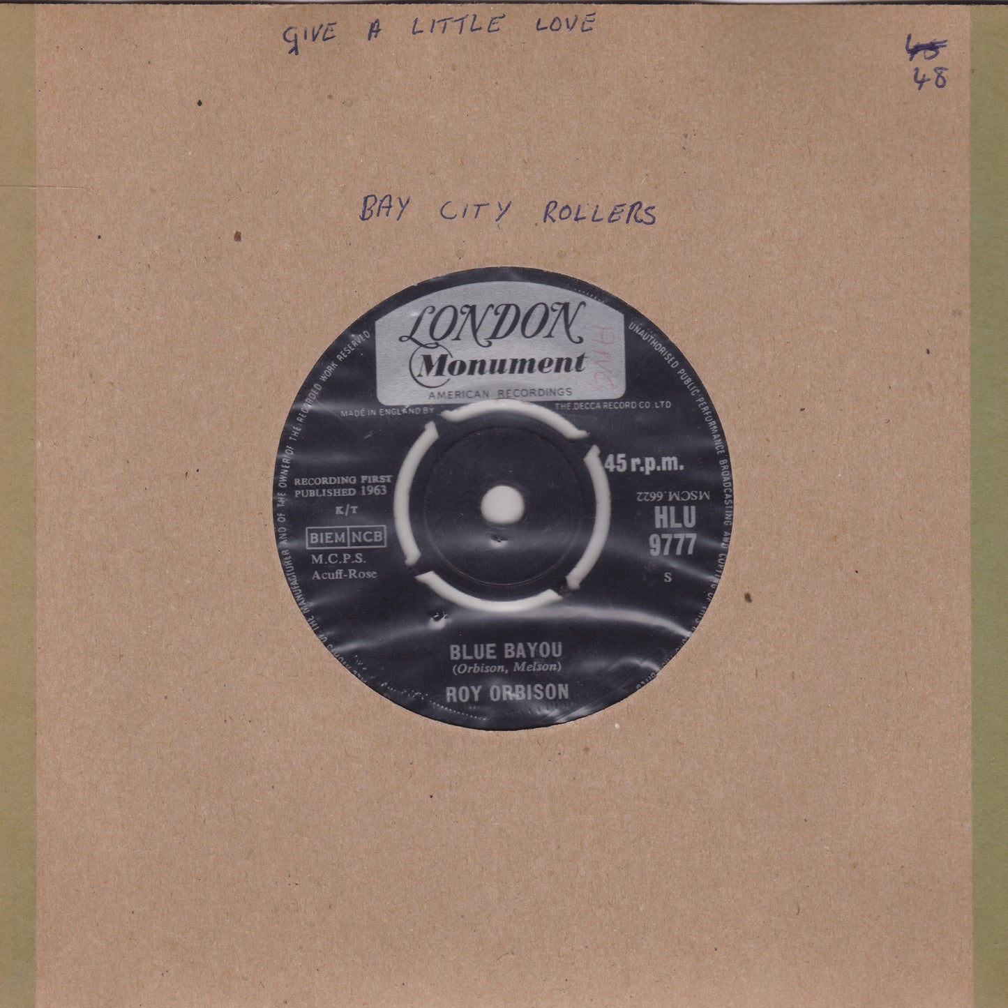 Roy Orbison – Blue Bayou / Mean Woman Blues (London 1963) 7" vinyl single G+/-