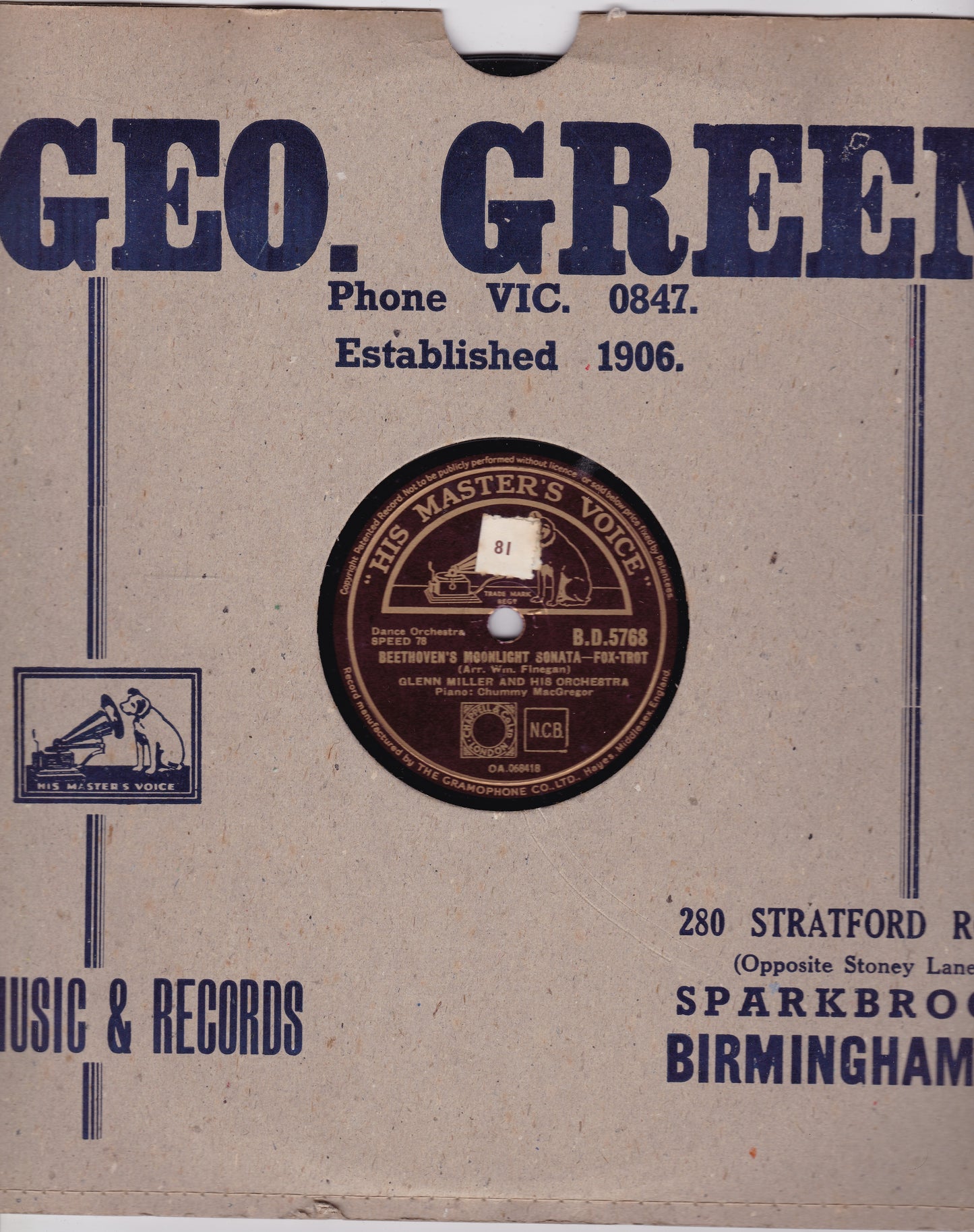 Glenn Miller And His Orchestra – Beethoven's Moonlight Sonata 10" shellac VG/VG