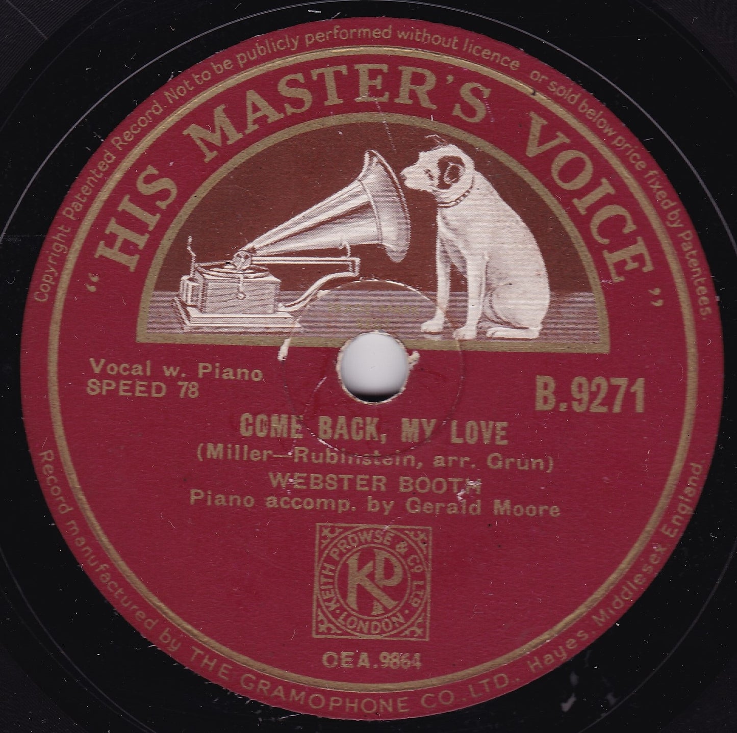 Webster Booth - Come Back, My Love (HMV 1942) 10" shellac VG/-