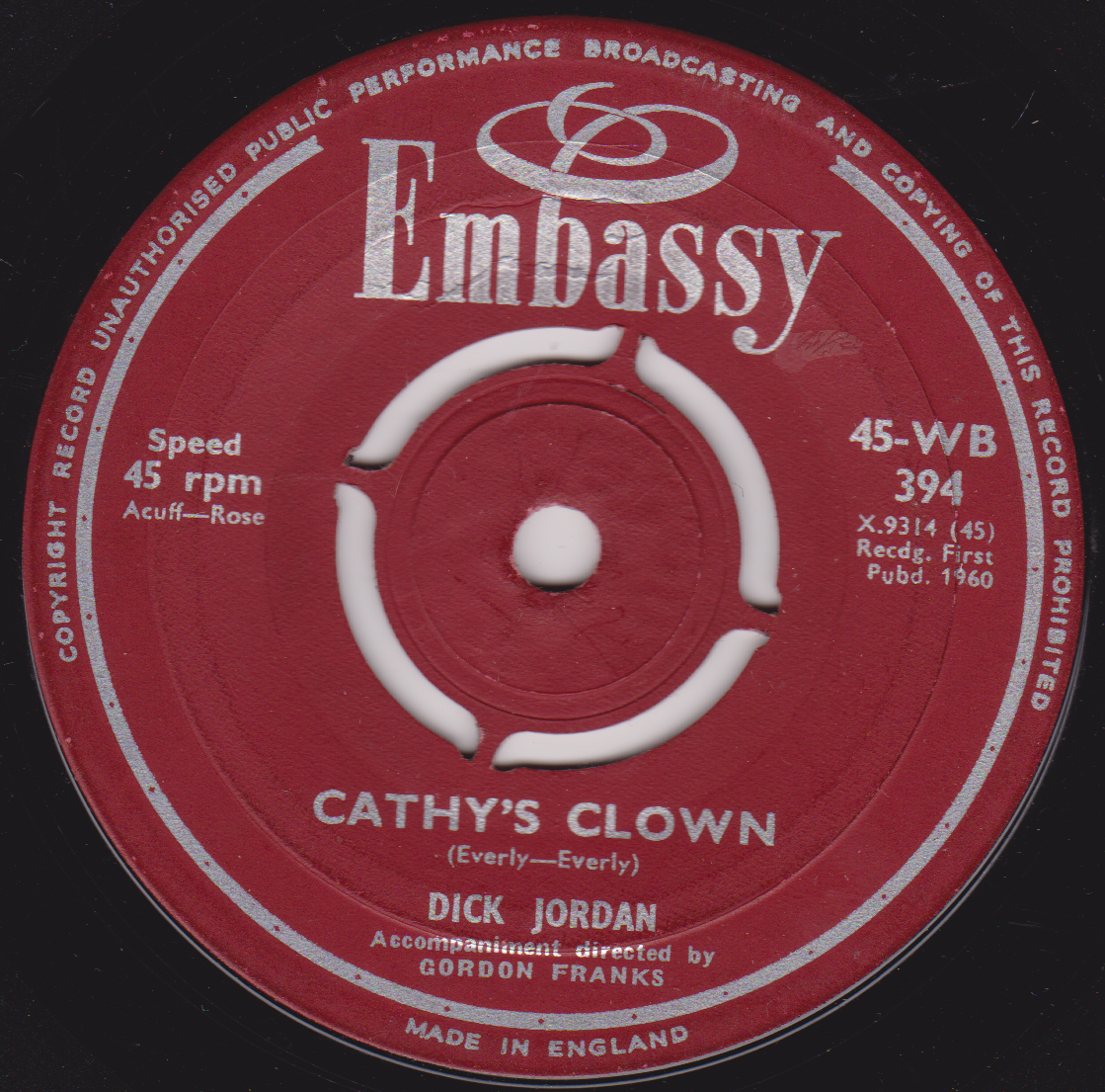 Dick Jordan – Cathy's Clown (Embassy 1960) 7" vinyl single G+/-
