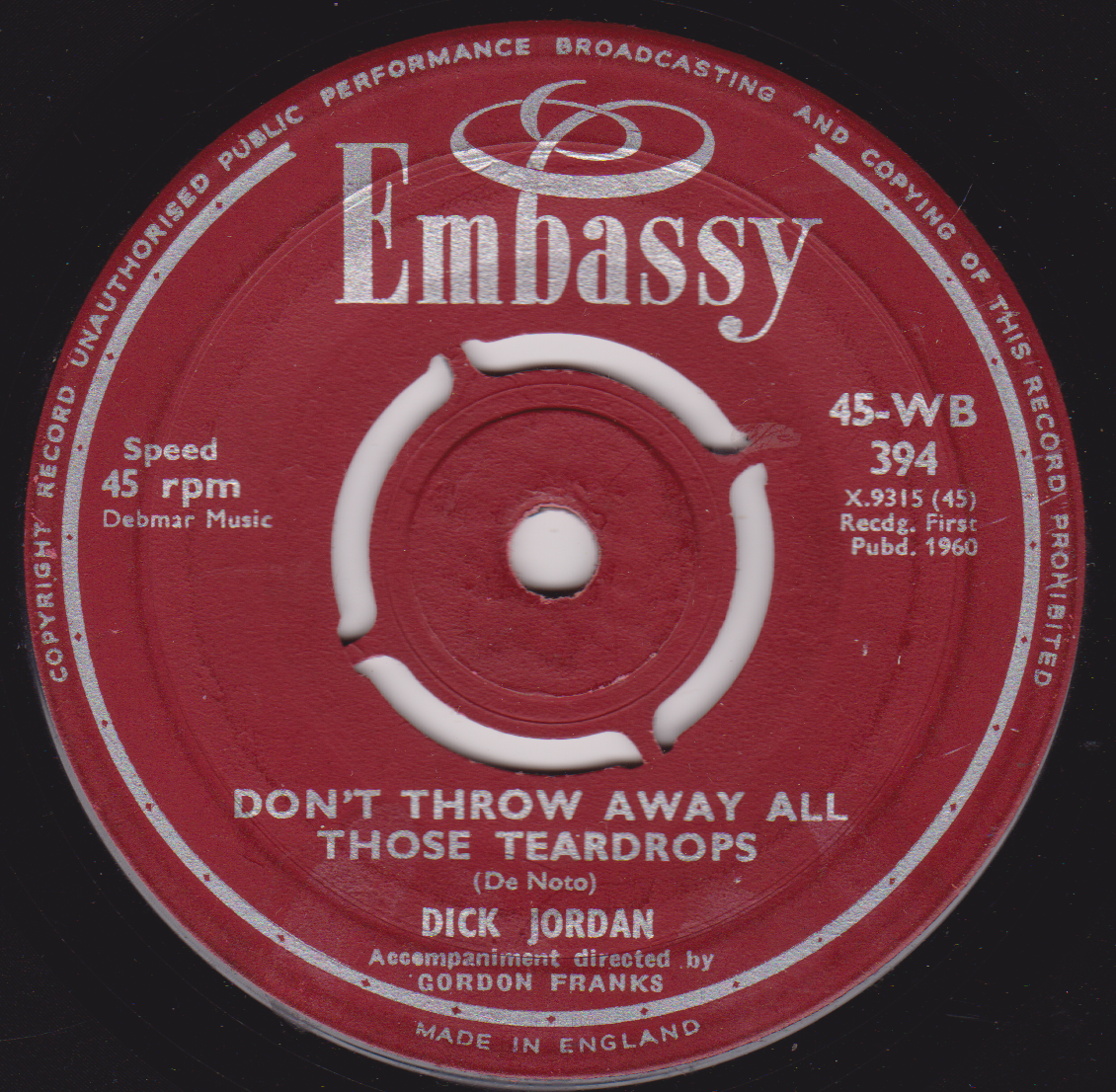Dick Jordan – Cathy's Clown (Embassy 1960) 7" vinyl single G+/-