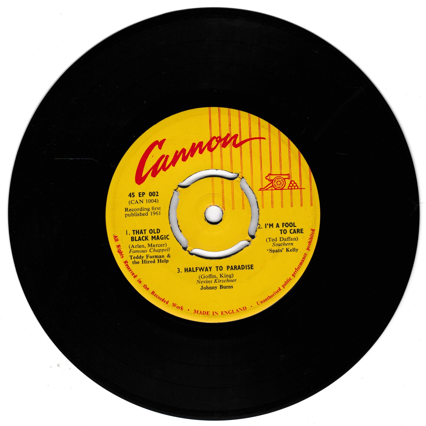Vinyl record with yellow label featuring the brand 'Cannon' on a white background