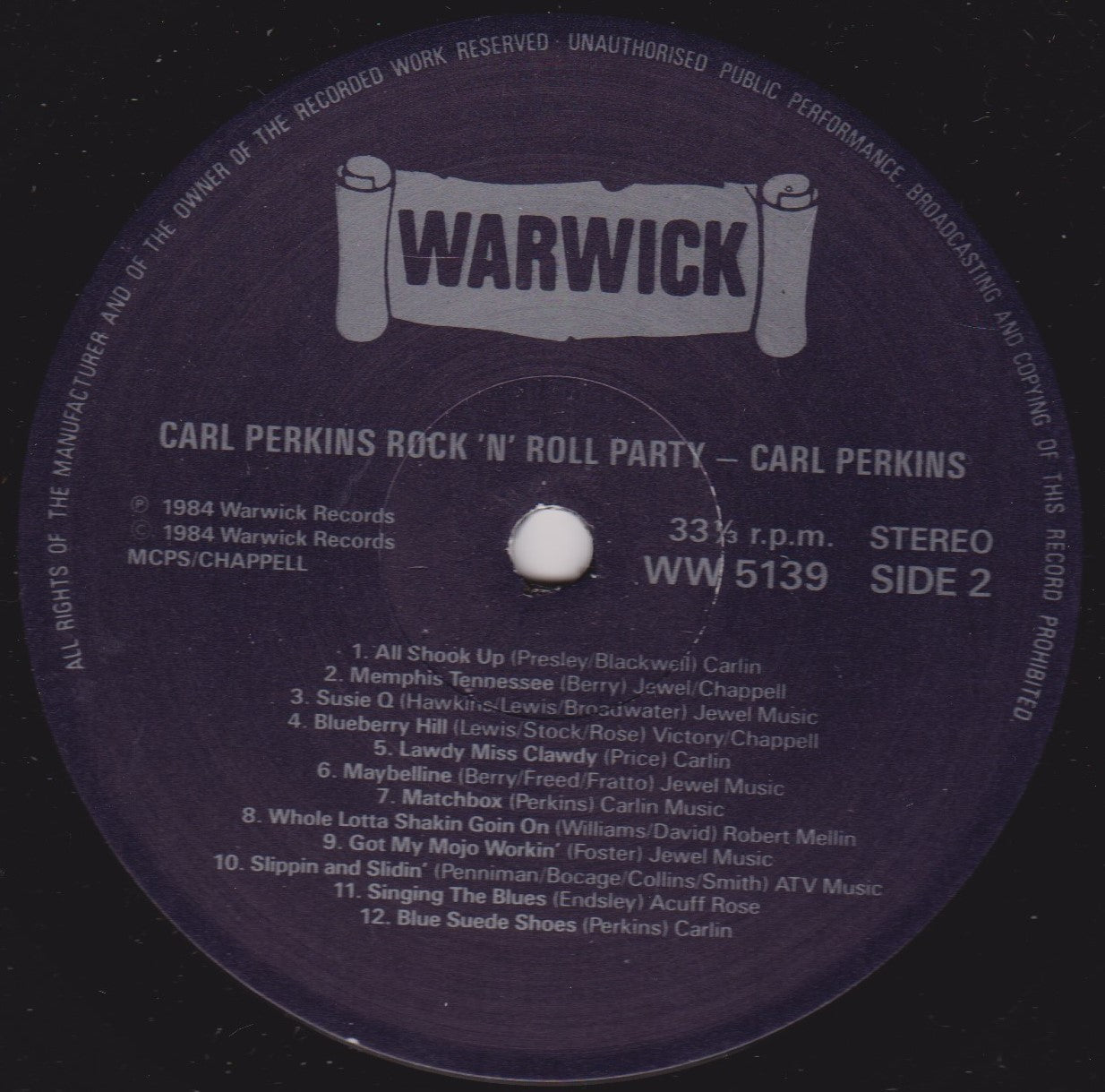 Carl Perkins – Rock 'N' Roll Party (Warwick 1984) 12" vinyl LP VG/VG