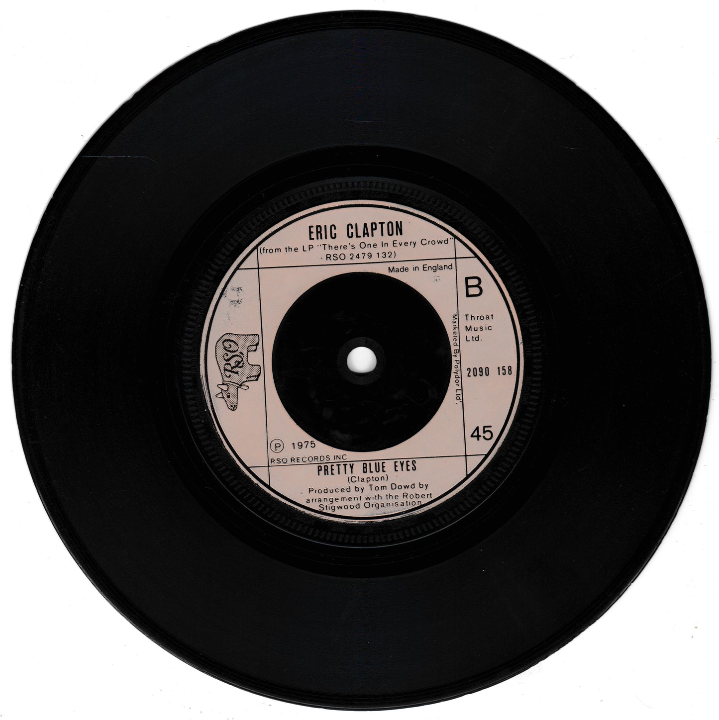 Black vinyl record with Eric Clapton's 'Pretty Blue Eyes' on a white background