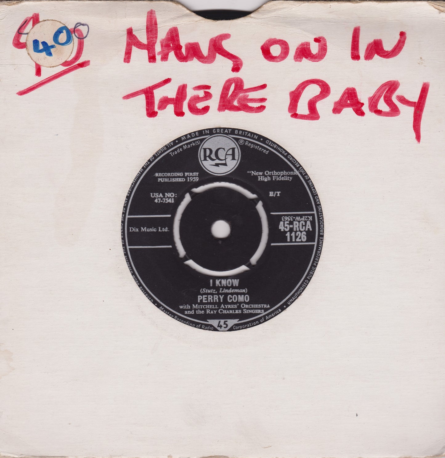 Perry Como – I Know (RCA 1959) 7" vinyl single VG/-