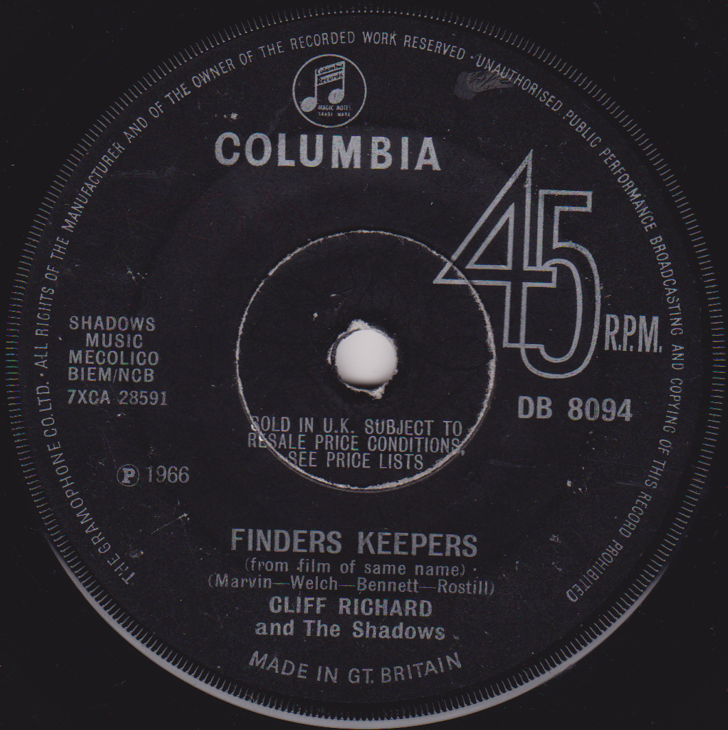 Columbia 45 RPM record label for 'Finders Keepers' by Cliff Richard and The Shadows.