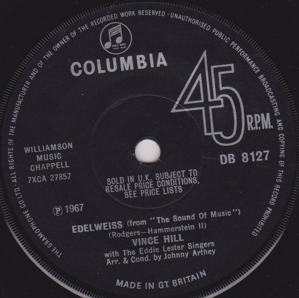 Vince Hill – Edelweiss (Columbia, 1967) 7" vinyl single VG/-