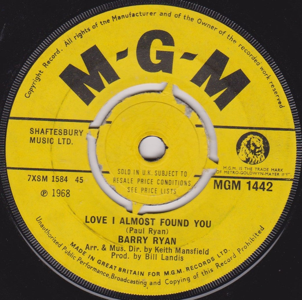 Barry Ryan – Eloise (MGM 1968) 7" vinyl single VG/-