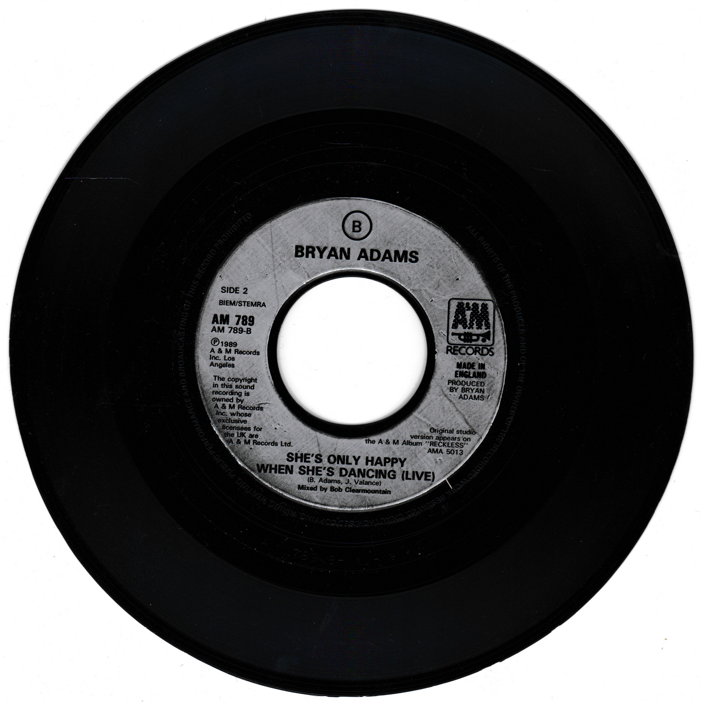 Vinyl record with a label featuring 'Bryan Adams' on a white background