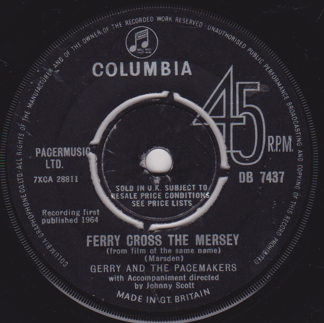 Record label for a Columbia 45 RPM record featuring Gerry and the Pacemakers' 'Ferry Cross the Mersey'.
