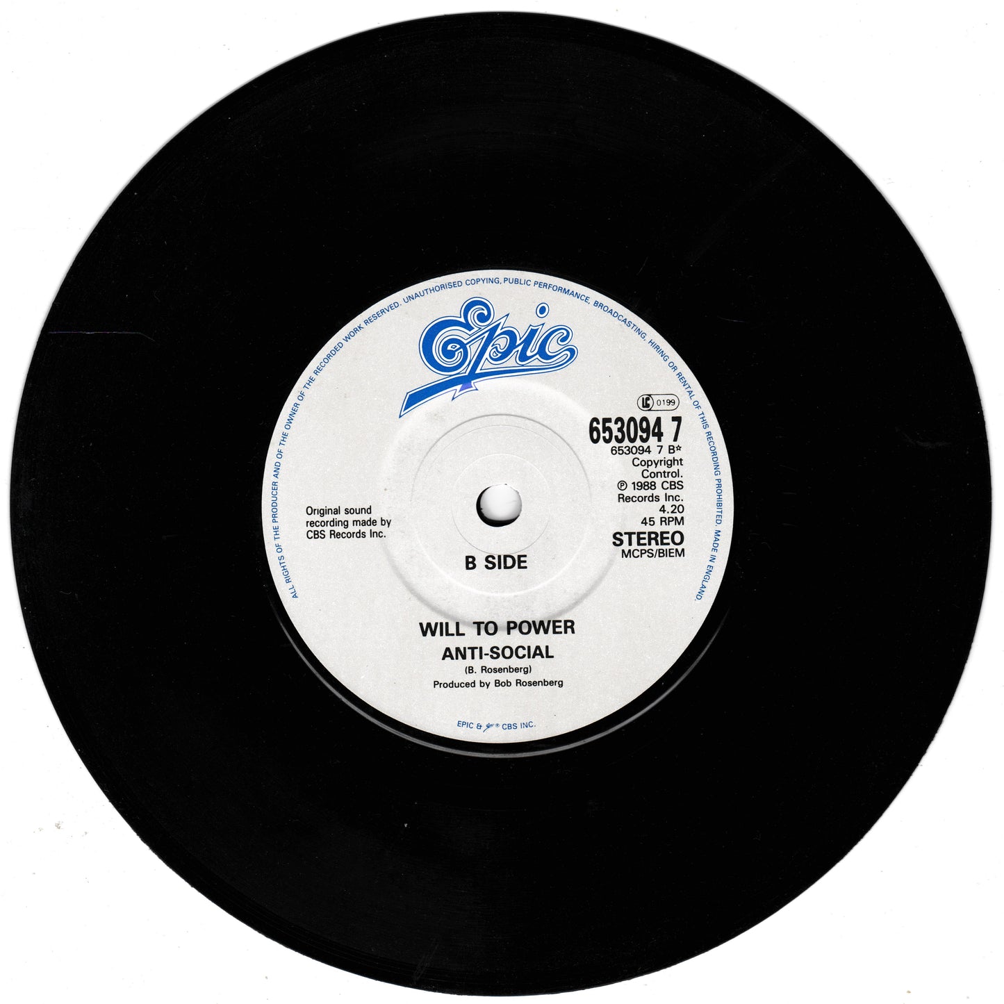 Vinyl record with 'Epic' label and song information on a white background