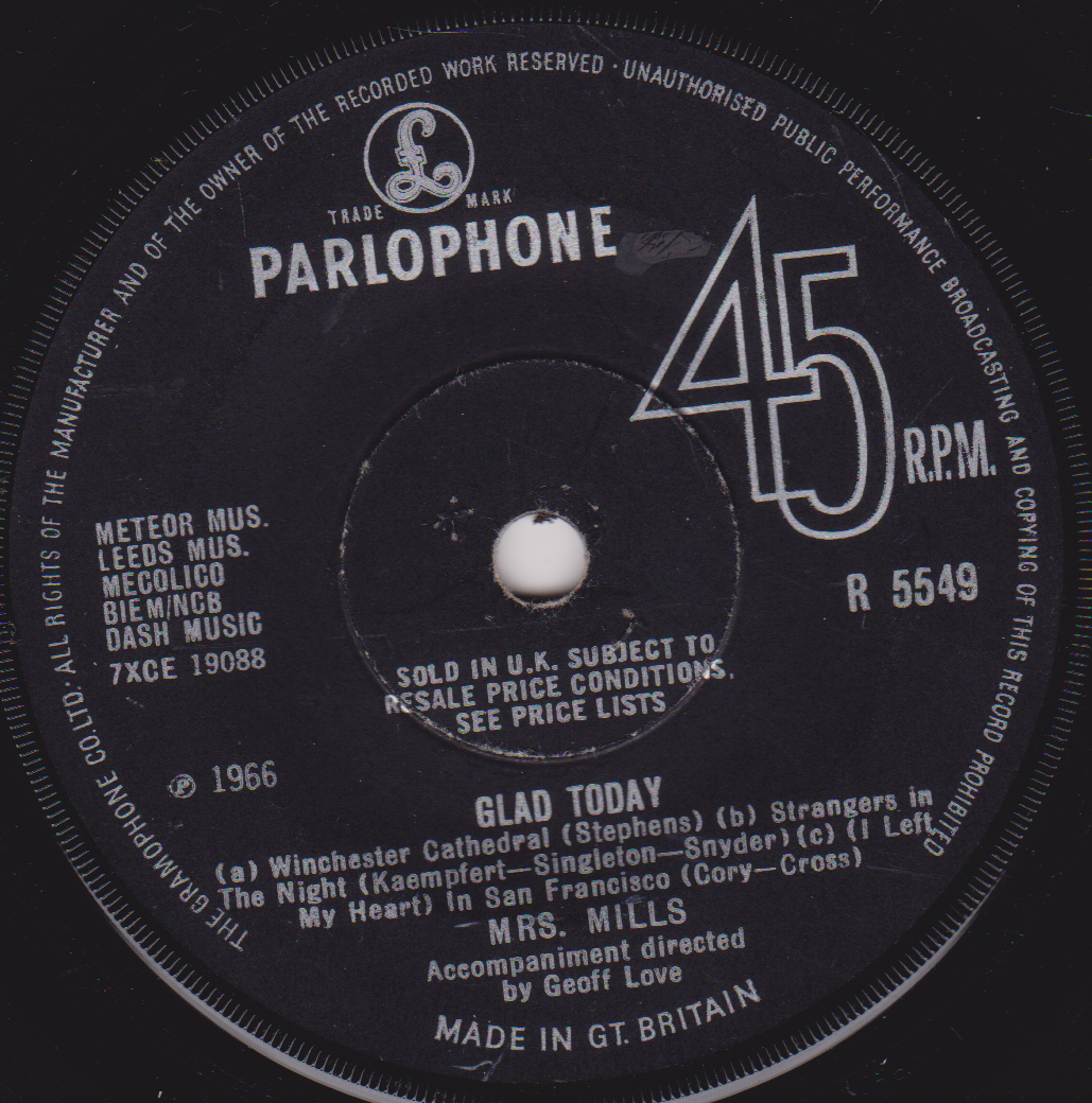 Mrs. Mills – Glad Today (Parlophone 1966) 7" vinyl single VG/-