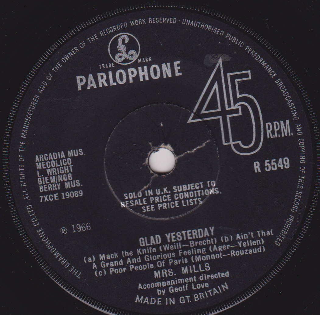 Mrs. Mills – Glad Today (Parlophone 1966) 7" vinyl single VG/-