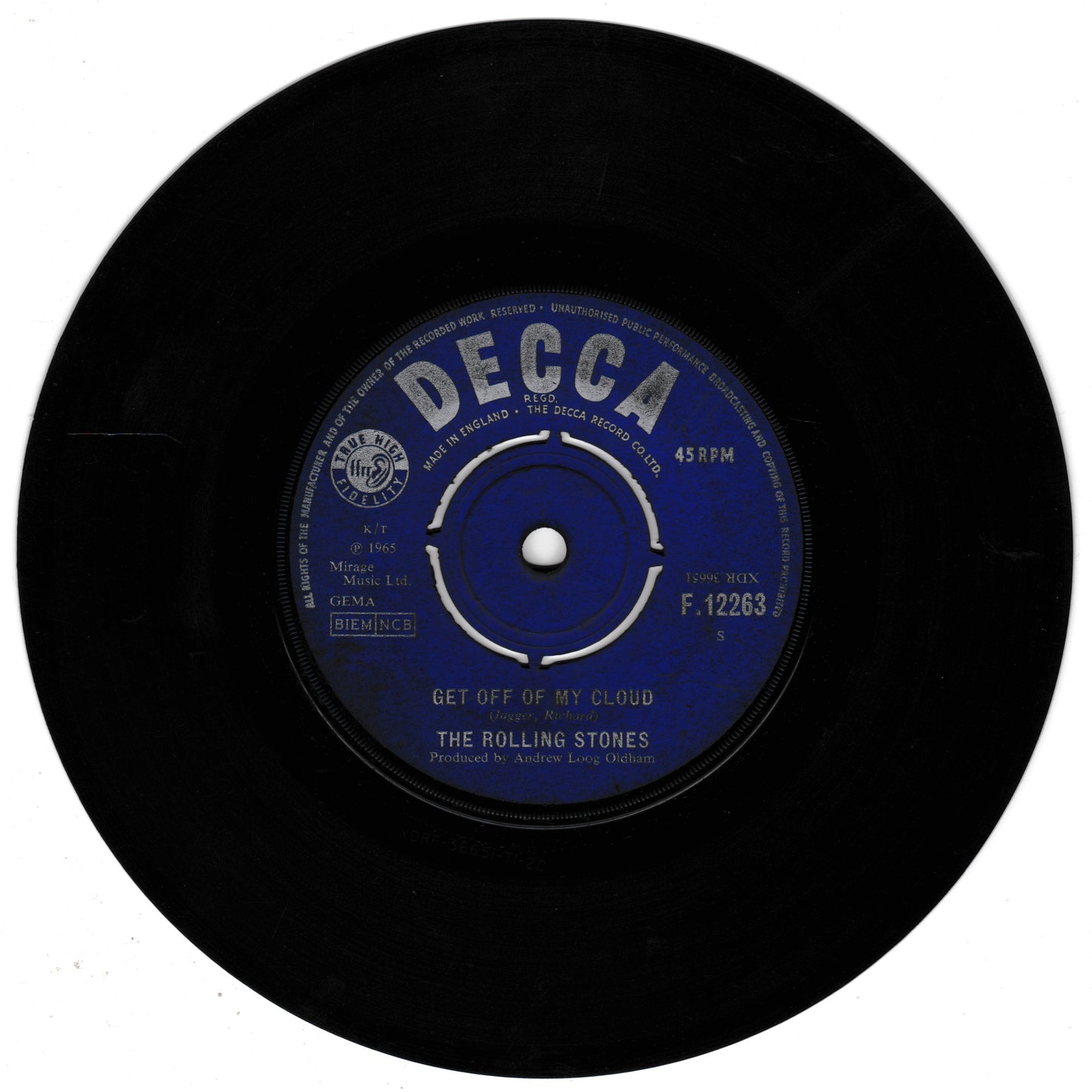 Black vinyl record with blue label featuring 'Decca' and 'The Rolling Stones' text on a white background