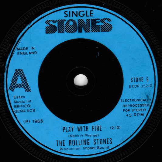 Vinyl record label for 'Play with Fire' by The Rolling Stones with blue border and black center.