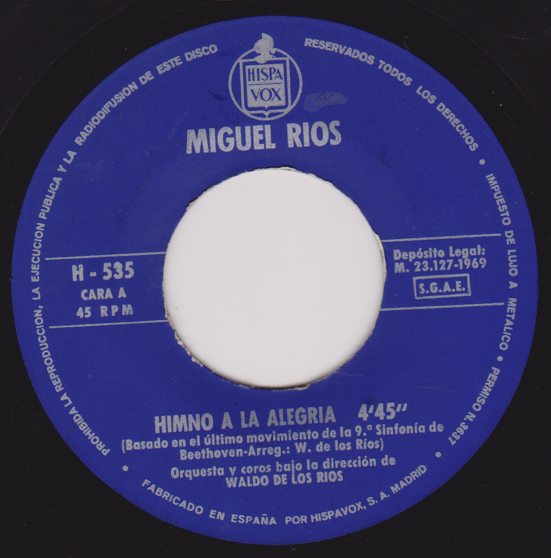 Miguel Rios – Himno A La Alegria (Hispavox 1969) 7" vinyl single VG/- Spain jukebox centre