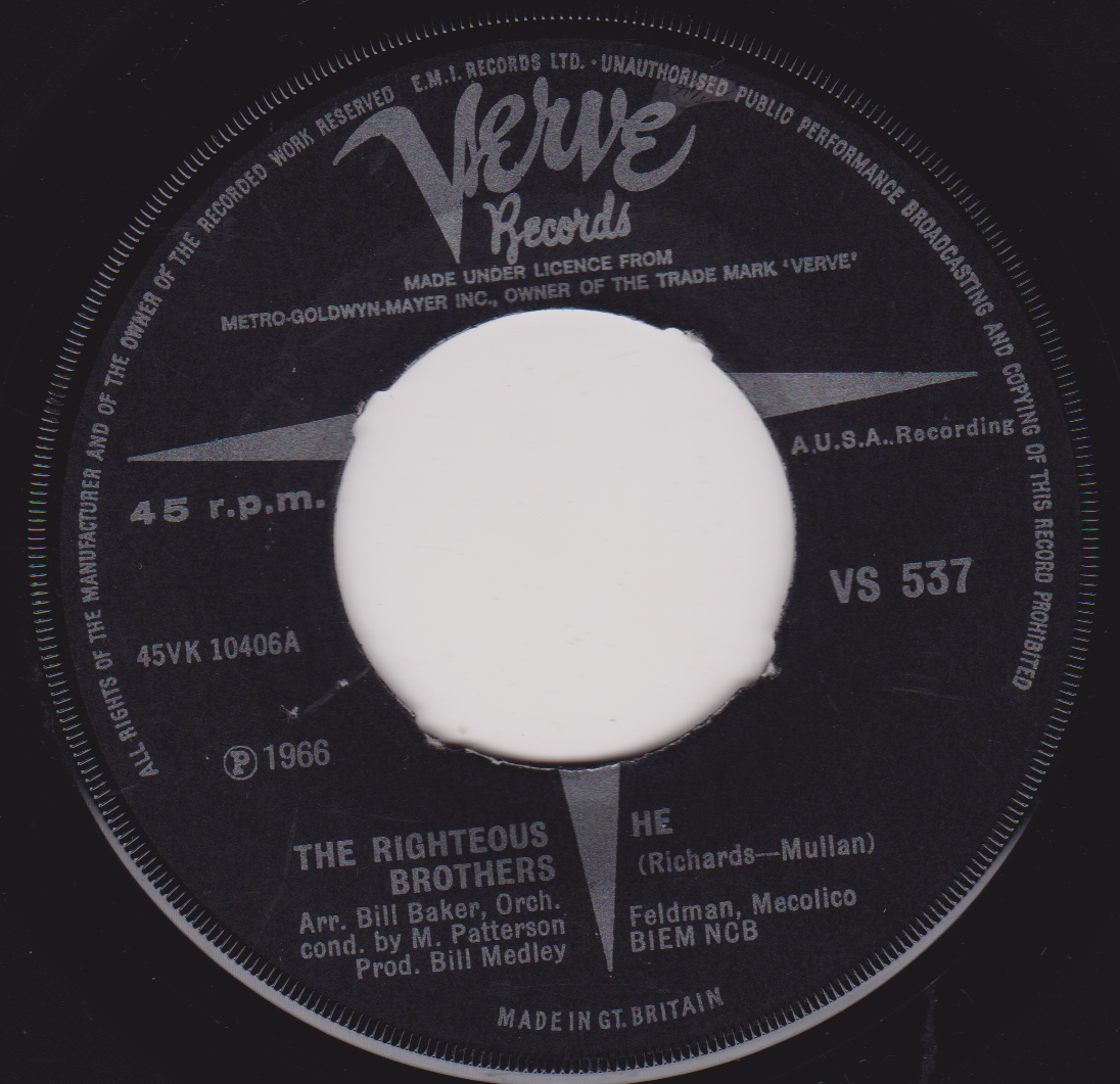 The Righteous Brothers – He (Verve 1966) 7" vinyl single G+- jukebox centre