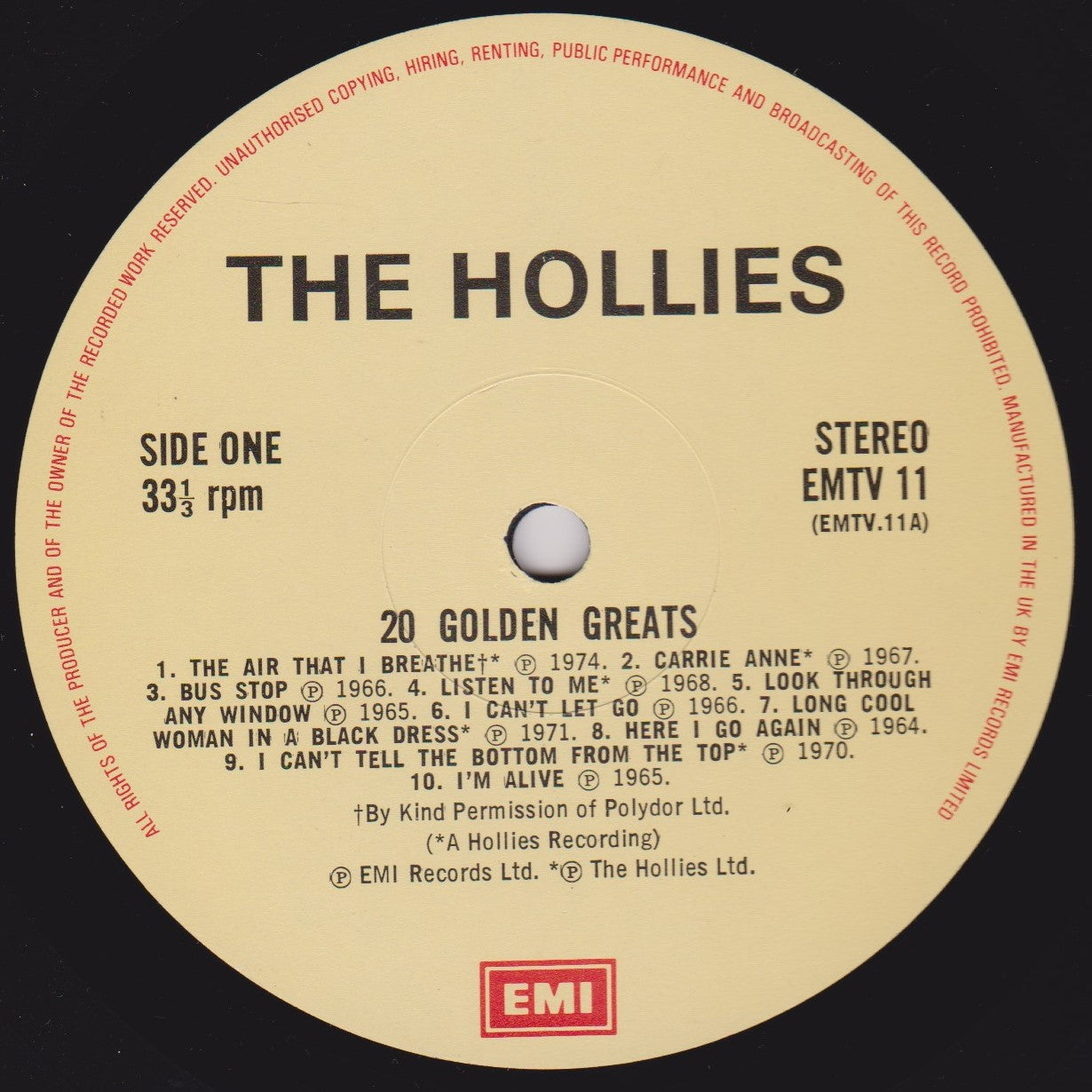 The Hollies – 20 Golden Greats (EMI) 12" vinyl LP VG/VG