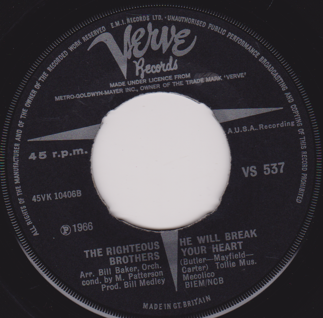 The Righteous Brothers – He (Verve 1966) 7" vinyl single G+- jukebox centre