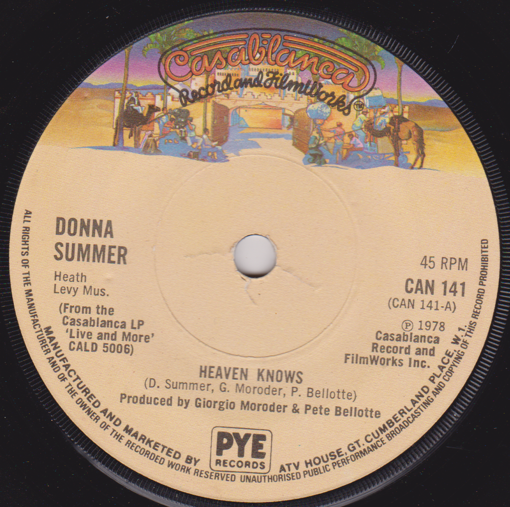 Record label from Donna Summer's 'Heaven Knows' featuring Casablanca Record and FilmWorks branding.