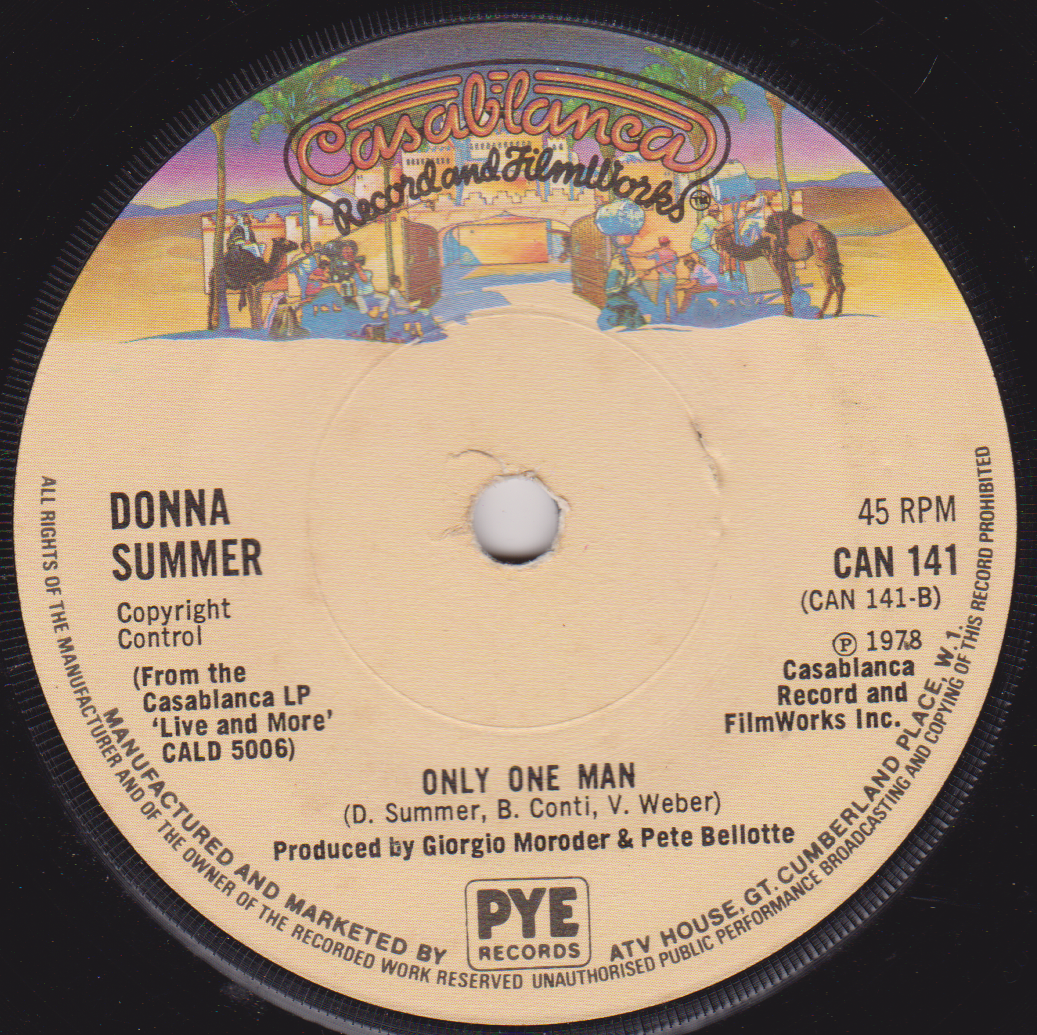 Record label from Casablanca Records featuring Donna Summer's 'Only One Man'.