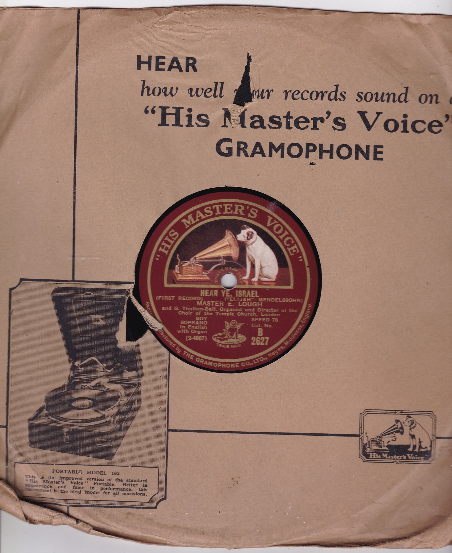 Master E. Lough And G. Thalben-Ball – Hear Ye, Israel (HMV 1928) 10" shellac VG